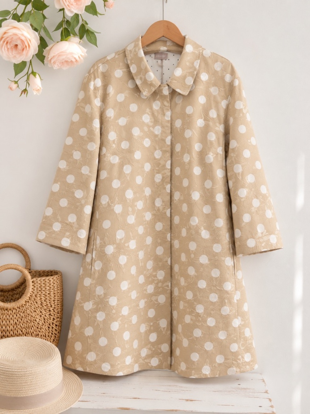Chico’s Polka Dot Cotton Swing Jacket Size 3 (16/18) Beige White